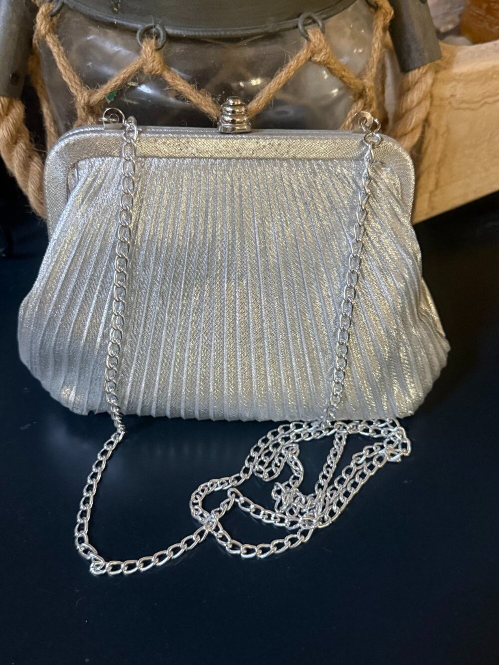 Silver clutch with chain strap